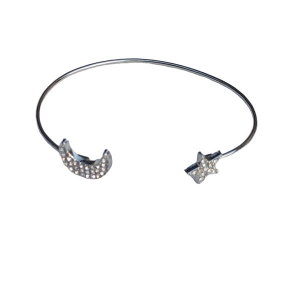Rhinestone Silver Bangle Star Moon Celestial Bracelet Diamond open adjustable - Picture 2 of 5